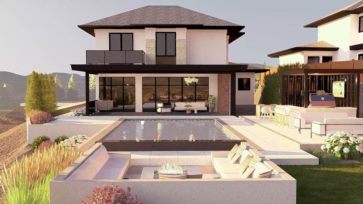 Design render of a pool with a linear fire feature and a sunken firepit lounge