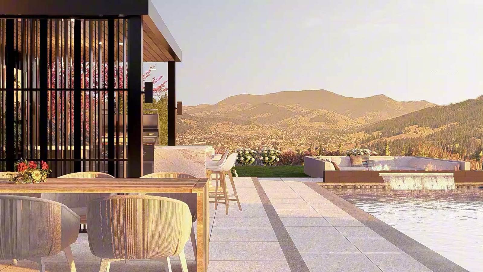 Covered outdoor dining terrace beside a pool, looking out over the Okanagan valley